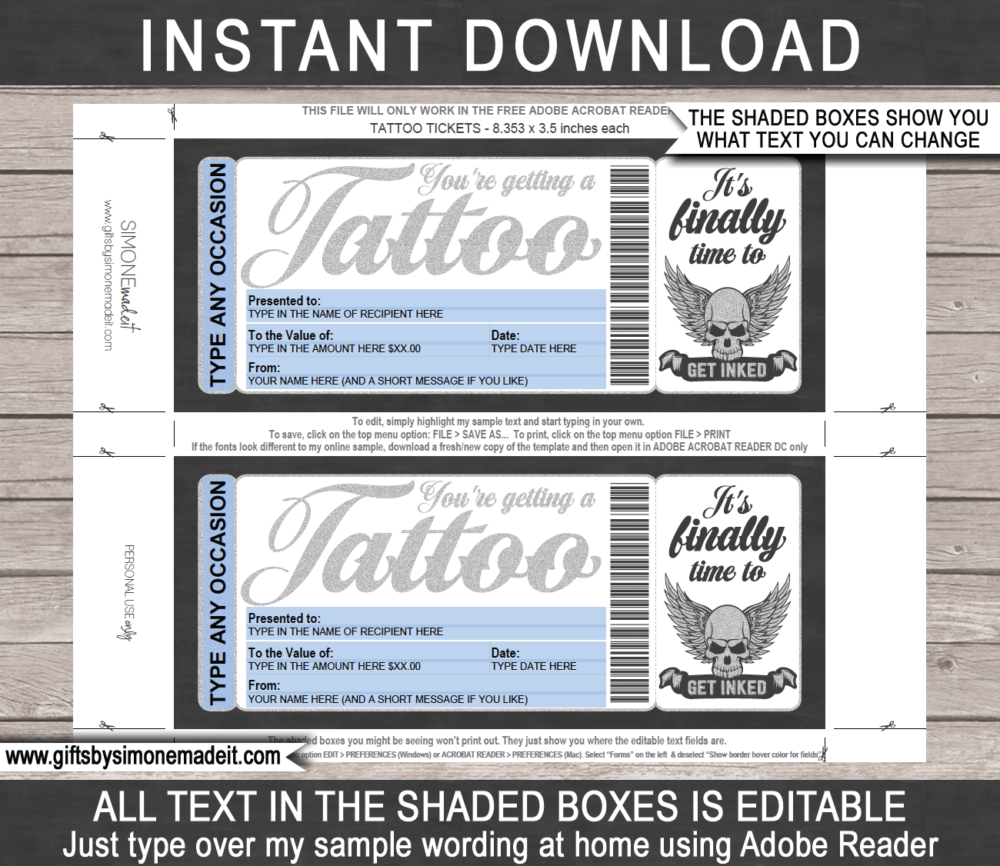 Tattoo Gift Certificate Card Template DIY Printable Gift Voucher