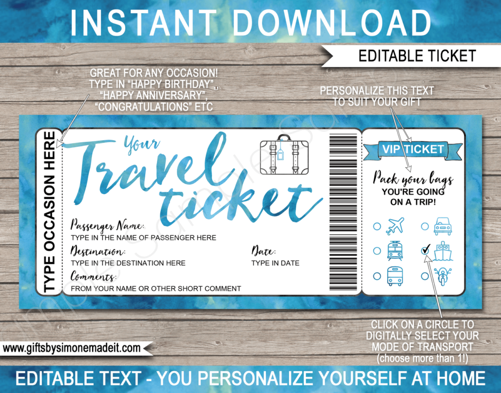 Printable Travel Ticket Gift Template | Surprise Vacation Reveal Announcement | Plane, Car, Road Trip, Bus, Train, Cruise, Boat, Ship, Motorbike | Boarding Pass | Blue Watercolor | Instant Download via giftsbysimonemadeit.com