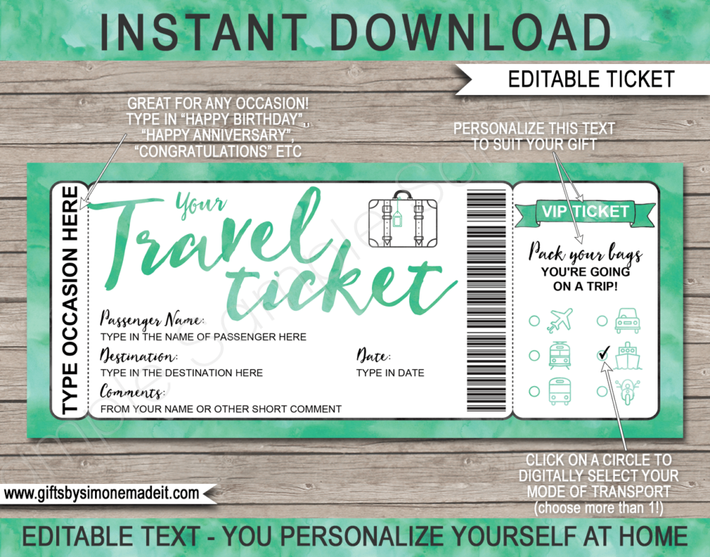Printable Travel Ticket Gift Template | Surprise Holiday Vacation Reveal Announcement | Plane, Car, Road Trip, Bus, Train, Cruise, Boat, Ship, Motorbike | Boarding Pass | Green Watercolor | Instant Download via giftsbysimonemadeit.com