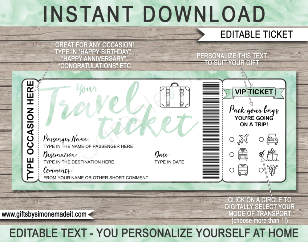 Printable Travel Ticket Gift Template | Surprise Holiday Vacation Reveal Announcement | Plane, Car, Road Trip, Bus, Train, Cruise, Boat, Ship, Motorbike | Boarding Pass | Mint Green Watercolor | Instant Download via giftsbysimonemadeit.com