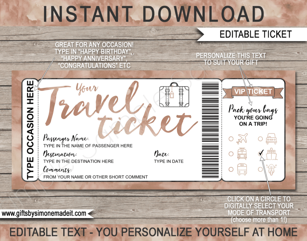 Printable Travel Ticket Gift Template | Surprise Holiday Vacation Reveal Announcement | Plane, Car, Road Trip, Bus, Train, Cruise, Boat, Ship, Motorbike | Boarding Pass | Brown Watercolor | Instant Download via giftsbysimonemadeit.com