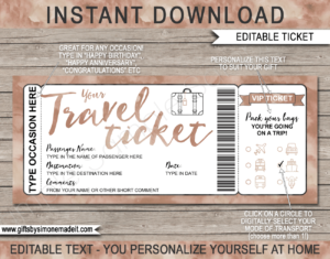 Printable Travel Ticket Gift Template | Surprise Holiday Vacation Reveal Announcement | Plane, Car, Road Trip, Bus, Train, Cruise, Boat, Ship, Motorbike | Boarding Pass | Brown Watercolor | Instant Download via giftsbysimonemadeit.com