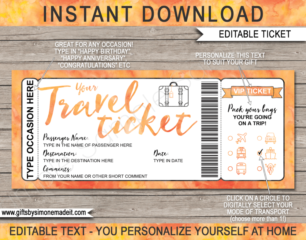 Printable Travel Ticket Gift Template | Surprise Holiday Vacation Reveal Announcement | Plane, Car, Road Trip, Bus, Train, Cruise, Boat, Ship, Motorbike | Boarding Pass | Orange Watercolor | Instant Download via giftsbysimonemadeit.com