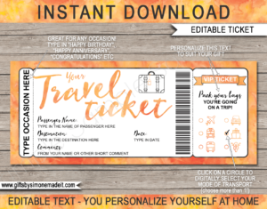 Printable Travel Ticket Gift Template | Surprise Holiday Vacation Reveal Announcement | Plane, Car, Road Trip, Bus, Train, Cruise, Boat, Ship, Motorbike | Boarding Pass | Orange Watercolor | Instant Download via giftsbysimonemadeit.com