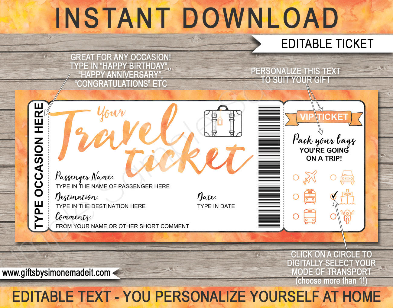 printable travel ticket gift template surprise vacation reveal