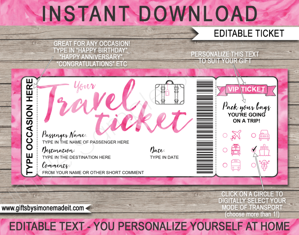 Printable Travel Ticket Gift Template | Surprise Vacation Reveal Gift Idea | Announcement | Plane, Car, Road Trip, Bus, Train, Cruise, Boat, Ship, Motorbike | Boarding Pass | Bright Pink Watercolor | Instant Download via giftsbysimonemadeit.com