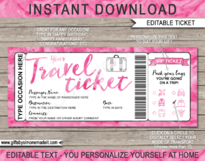 Printable Travel Ticket Gift Template | Surprise Vacation Reveal Gift Idea | Announcement | Plane, Car, Road Trip, Bus, Train, Cruise, Boat, Ship, Motorbike | Boarding Pass | Bright Pink Watercolor | Instant Download via giftsbysimonemadeit.com