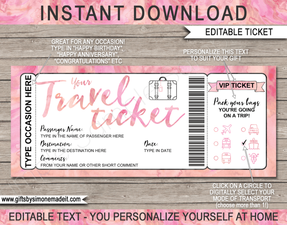 Printable Travel Ticket Gift Template | Surprise Holiday Vacation Reveal Announcement | Plane, Car, Road Trip, Bus, Train, Cruise, Boat, Ship, Motorbike | Boarding Pass | Pale Pink Watercolor | Instant Download via giftsbysimonemadeit.com