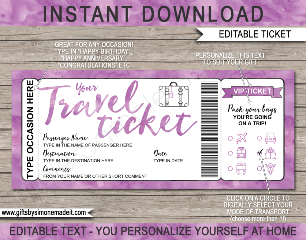 Printable Travel Ticket Gift Template | Surprise Holiday Vacation Reveal Announcement | Plane, Car, Road Trip, Bus, Train, Cruise, Boat, Ship, Motorbike | Boarding Pass | Black Watercolor | Instant Download via giftsbysimonemadeit.com