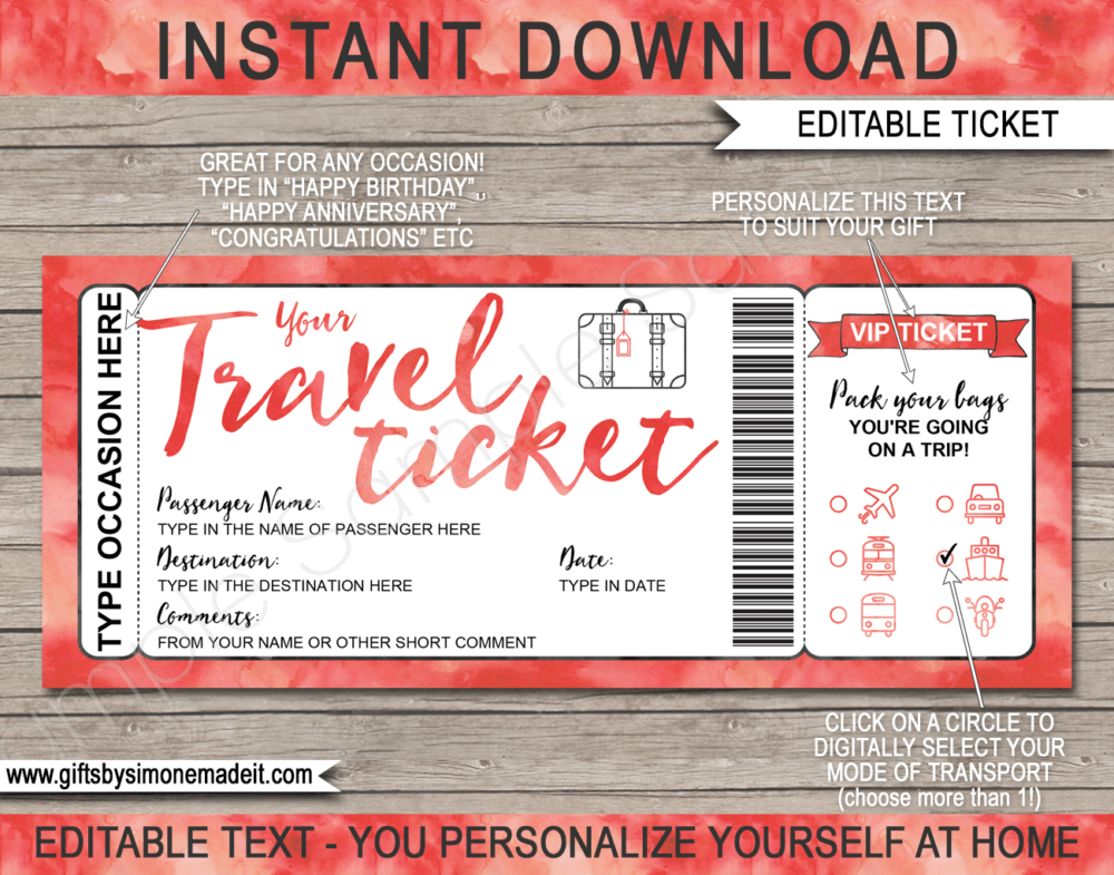 Printable Travel Ticket Gift Template | Surprise Holiday Vacation Reveal Announcement | Plane, Car, Road Trip, Bus, Train, Cruise, Boat, Ship, Motorbike | Boarding Pass | Red Watercolor | Instant Download via giftsbysimonemadeit.com
