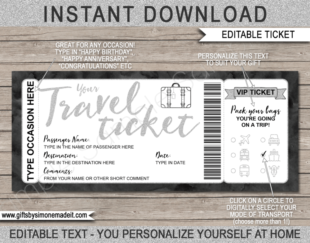 Printable Travel Ticket Gift Template | Surprise Holiday Vacation Reveal Announcement | Plane, Car, Road Trip, Bus, Train, Cruise, Boat, Ship, Motorbike | Boarding Pass | Silver Glitter & Black Watercolor | Instant Download via giftsbysimonemadeit.com