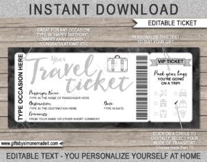 Printable Travel Ticket Gift Template | Surprise Holiday Vacation Reveal Announcement | Plane, Car, Road Trip, Bus, Train, Cruise, Boat, Ship, Motorbike | Boarding Pass | Silver Glitter & Black Watercolor | Instant Download via giftsbysimonemadeit.com