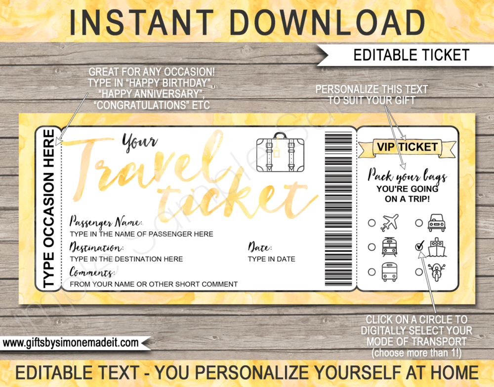 Printable Travel Ticket Gift Template | Surprise Holiday Vacation Reveal Announcement | Plane, Car, Road Trip, Bus, Train, Cruise, Boat, Ship, Motorbike | Boarding Pass | Yellow Watercolor | Instant Download via giftsbysimonemadeit.com