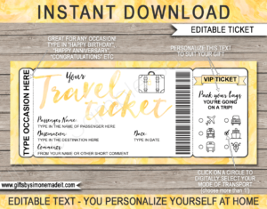 Printable Travel Ticket Gift Template | Surprise Holiday Vacation Reveal Announcement | Plane, Car, Road Trip, Bus, Train, Cruise, Boat, Ship, Motorbike | Boarding Pass | Yellow Watercolor | Instant Download via giftsbysimonemadeit.com