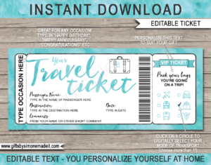 Printable Travel Ticket Gift Template | Surprise Holiday Vacation Reveal Announcement | Plane, Car, Road Trip, Bus, Train, Cruise, Boat, Ship, Motorbike | Boarding Pass | Aqua Watercolor | Instant Download via giftsbysimonemadeit.com