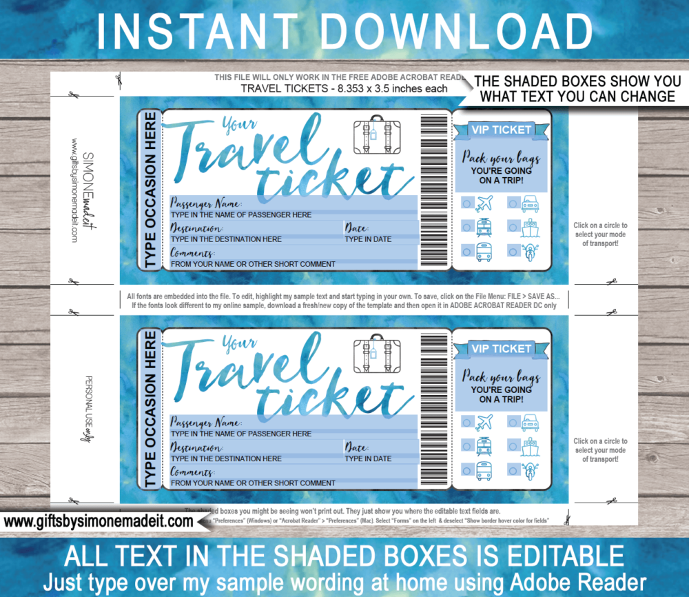 Blue Watercolor Surprise Vacation Reveal Gift Template | Printable Travel Ticket | Announcement | Plane, Car, Road Trip, Bus, Train, Cruise, Boat, Ship, Motorbike | Boarding Pass | Instant Download via giftsbysimonemadeit.com