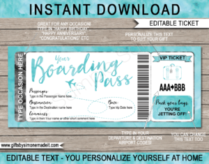 Aqua Watercolor Plane Ticket Boarding Pass Template | Surprise Trip Reveal Gift Idea | Fake Plane Ticket | Faux Travel Airline Airplane Document | Any Occasion Gift - Birthday, Anniversary, Christmas, Honeymoon, Boys Trip, Girls Trip, Bachelor / Bachelorette Party etc | DIY Printable with Editable Text | Instant Download via giftsbysimonemadeit.com