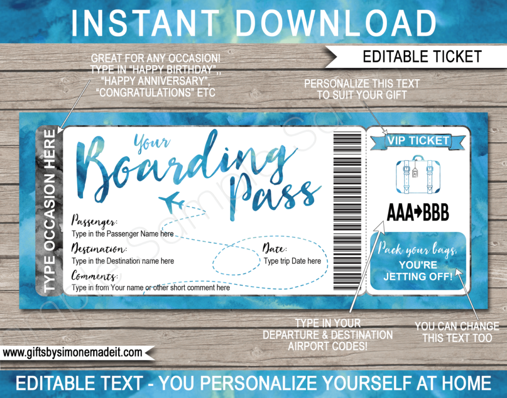 Blue Watercolor Plane Ticket Boarding Pass Template | Surprise Trip Reveal Gift Idea | Fake Plane Ticket | Faux Travel Airline Airplane Document | Any Occasion Gift - Birthday, Anniversary, Christmas, Honeymoon, Boys Trip, Girls Trip, Bachelor / Bachelorette Party etc | DIY Printable with Editable Text | Instant Download via giftsbysimonemadeit.com