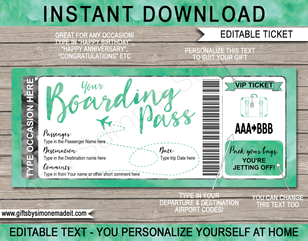 Green Watercolor Plane Ticket Boarding Pass Template | Surprise Trip Reveal Gift Idea | Fake Plane Ticket | Faux Travel Airline Airplane Document | Any Occasion Gift - Birthday, Anniversary, Christmas, Honeymoon, Boys Trip, Girls Trip, Bachelor / Bachelorette Party etc | DIY Printable with Editable Text | Instant Download via giftsbysimonemadeit.com
