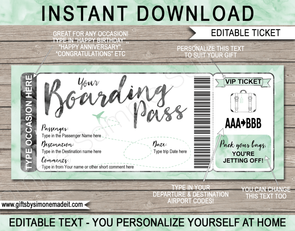 Mint Green Watercolor Plane Ticket Boarding Pass Template | Surprise Trip Reveal Gift Idea | Fake Plane Ticket | Faux Travel Airline Airplane Document | Any Occasion Gift - Birthday, Anniversary, Christmas, Honeymoon, Boys Trip, Girls Trip, Bachelor / Bachelorette Party etc | DIY Printable with Editable Text | Instant Download via giftsbysimonemadeit.com
