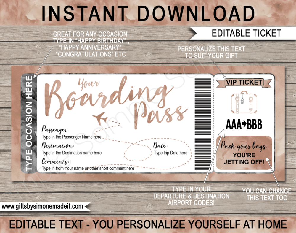 Brown Latte Watercolor Plane Ticket Boarding Pass Template | Surprise Trip Reveal Gift Idea | Fake Plane Ticket | Faux Travel Airline Airplane Document | Any Occasion Gift - Birthday, Anniversary, Christmas, Honeymoon, Boys Trip, Bachelor / Stag Party etc | DIY Printable with Editable Text | Instant Download via giftsbysimonemadeit.com