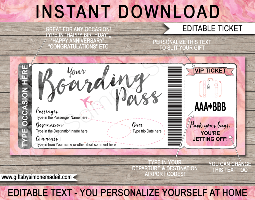Pale Pink Watercolor Plane Ticket Boarding Pass Template | Surprise Trip Reveal Gift Idea | Fake Plane Ticket | Faux Travel Airline Airplane Document | Any Occasion Gift - Birthday, Anniversary, Christmas, Honeymoon, Girls Trip, Bachelorette Party, Mother's Day etc | DIY Printable with Editable Text | Instant Download via giftsbysimonemadeit.com