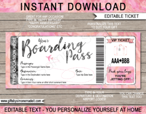 Pale Pink Watercolor Plane Ticket Boarding Pass Template | Surprise Trip Reveal Gift Idea | Fake Plane Ticket | Faux Travel Airline Airplane Document | Any Occasion Gift - Birthday, Anniversary, Christmas, Honeymoon, Girls Trip, Bachelorette Party, Mother's Day etc | DIY Printable with Editable Text | Instant Download via giftsbysimonemadeit.com