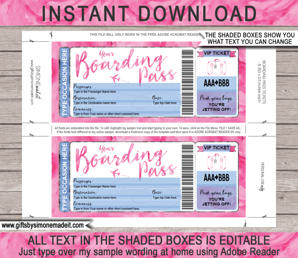 Pink Watercolor Plane Ticket Boarding Pass Template | Surprise Trip Reveal Gift Idea | Fake Plane Ticket | Faux Travel Airline Airplane Document | Any Occasion Gift - Birthday, Anniversary, Christmas, Honeymoon, Girls Trip, Bachelorette Party, Mother's Day etc | DIY Printable with Editable Text | Instant Download via giftsbysimonemadeit.com