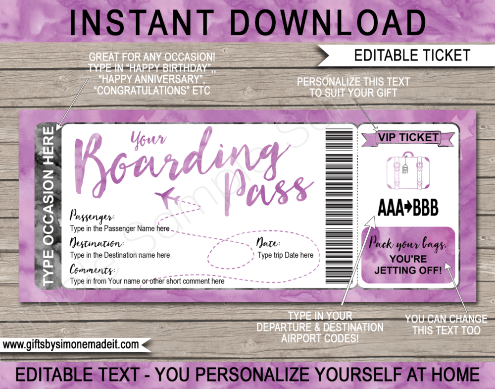 Purple Watercolor Plane Ticket Boarding Pass Template | Surprise Trip Reveal Gift Idea | Fake Plane Ticket | Faux Travel Airline Airplane Document | Any Occasion Gift - Birthday, Anniversary, Christmas, Honeymoon, Girls Trip, Bachelorette Party, Mother's Day etc | DIY Printable with Editable Text | Instant Download via giftsbysimonemadeit.com