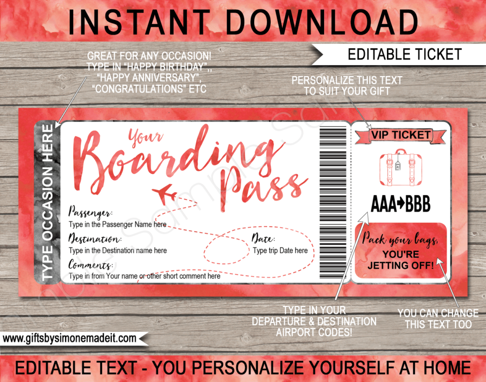Red Watercolor Plane Ticket Boarding Pass Template | Surprise Trip Reveal Gift Idea | Fake Plane Ticket | Faux Travel Airline Airplane Document | Any Occasion Gift - Birthday, Anniversary, Christmas, Honeymoon, Boys Trip, Girls Trip, Bachelor / Bachelorette Party etc | DIY Printable with Editable Text | Instant Download via giftsbysimonemadeit.com