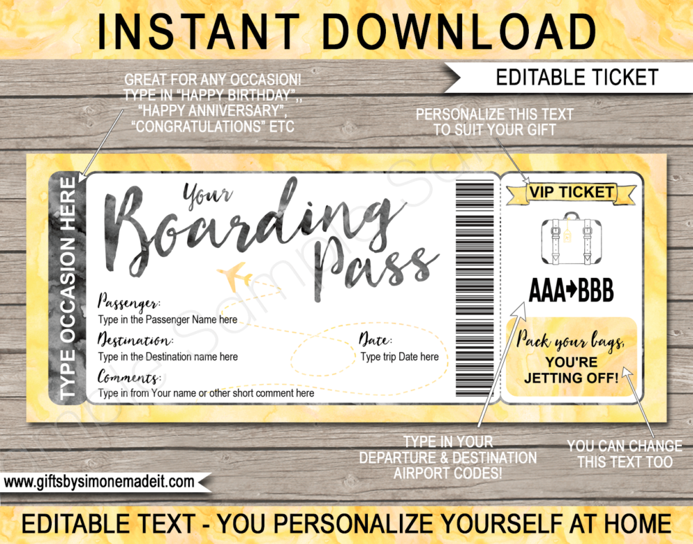 Yellow Watercolor Plane Ticket Boarding Pass Template | Surprise Trip Reveal Gift Idea | Fake Plane Ticket | Faux Travel Airline Airplane Document | Any Occasion Gift - Birthday, Anniversary, Christmas, Honeymoon, Boys Trip, Girls Trip, Bachelor / Bachelorette Party etc | DIY Printable with Editable Text | Instant Download via giftsbysimonemadeit.com