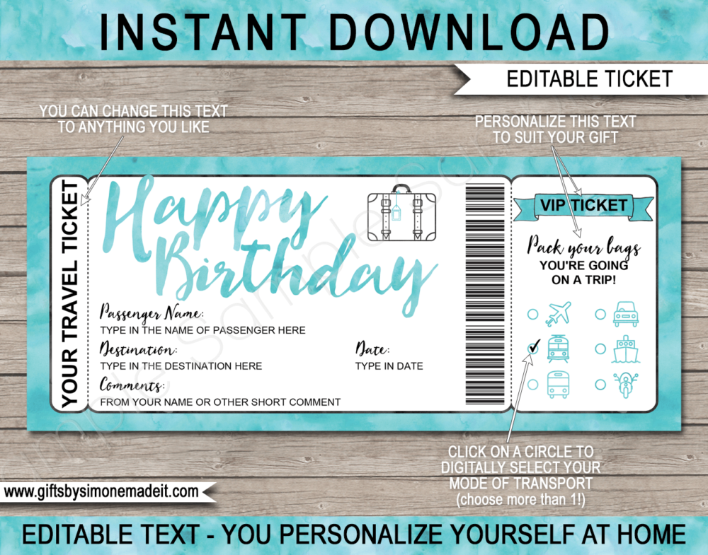 Birthday Surprise Vacation Travel Ticket Template | Printable Holiday Birthday Reveal Gift Idea | Aqua Watercolor | DIY Printable Boarding Pass with Editable Text | Road Trip, Cruise, Train, Plane Flight, Motorbike, Bus | Instant Download via giftsbysimonemadeit.com