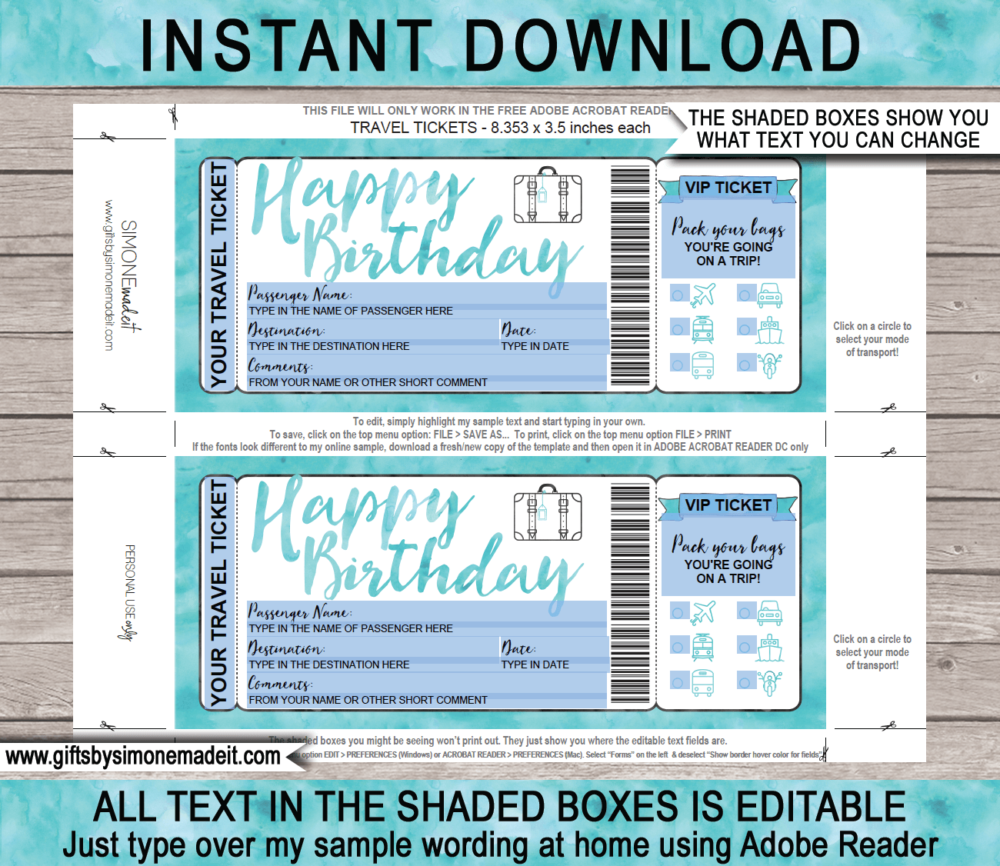 Birthday Surprise Vacation Travel Ticket Template | Printable Holiday Birthday Reveal Gift Idea | Aqua Watercolor | DIY Printable Boarding Pass with Editable Text | Road Trip, Cruise, Train, Plane Flight, Motorbike, Bus | Instant Download via giftsbysimonemadeit.com