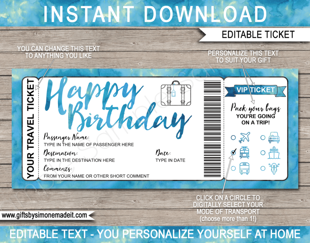 Birthday Surprise Vacation Travel Ticket Template | Printable Holiday Birthday Reveal Gift Idea | Blue Watercolor | DIY Printable Boarding Pass with Editable Text | Road Trip, Cruise, Train, Plane Flight, Motorbike, Bus | Instant Download via giftsbysimonemadeit.com