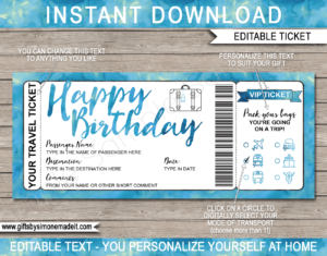 Birthday Surprise Vacation Travel Ticket Template | Printable Holiday Birthday Reveal Gift Idea | Blue Watercolor | DIY Printable Boarding Pass with Editable Text | Road Trip, Cruise, Train, Plane Flight, Motorbike, Bus | Instant Download via giftsbysimonemadeit.com