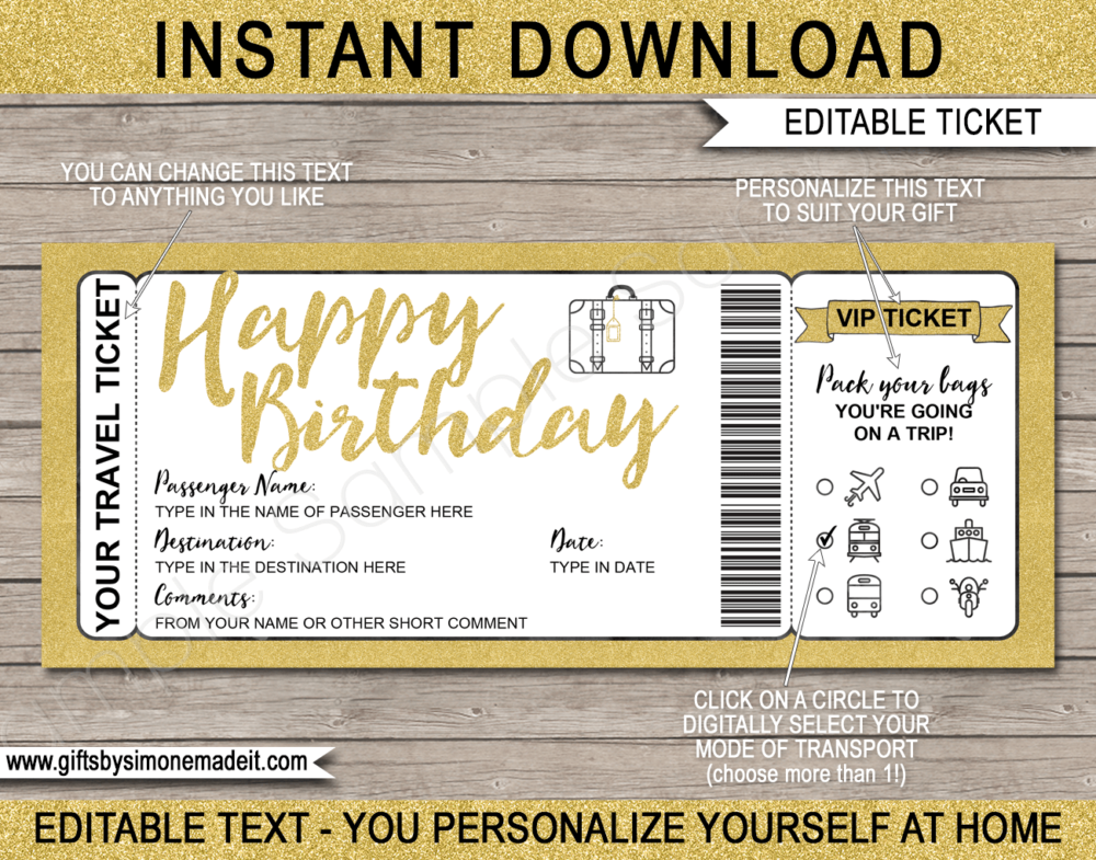 Birthday Surprise Holiday Travel Ticket Template | Printable Vacation Trip Reveal Gift Idea | Gold Glitter | DIY Printable Boarding Pass with Editable Text | Road Trip, Cruise, Train, Plane Flight, Motorbike, Bus | Instant Download via giftsbysimonemadeit.com