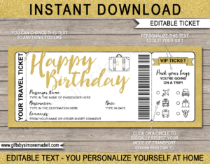 Birthday Surprise Holiday Travel Ticket Template | Printable Vacation Trip Reveal Gift Idea | Gold Glitter | DIY Printable Boarding Pass with Editable Text | Road Trip, Cruise, Train, Plane Flight, Motorbike, Bus | Instant Download via giftsbysimonemadeit.com