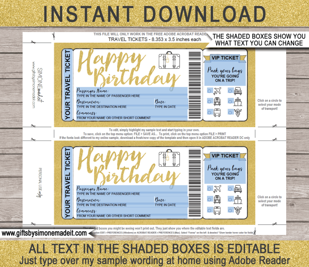 Birthday Surprise Holiday Travel Ticket Template | Printable Vacation Trip Reveal Gift Idea | Gold Glitter | DIY Printable Boarding Pass with Editable Text | Road Trip, Cruise, Train, Plane Flight, Motorbike, Bus | Instant Download via giftsbysimonemadeit.com