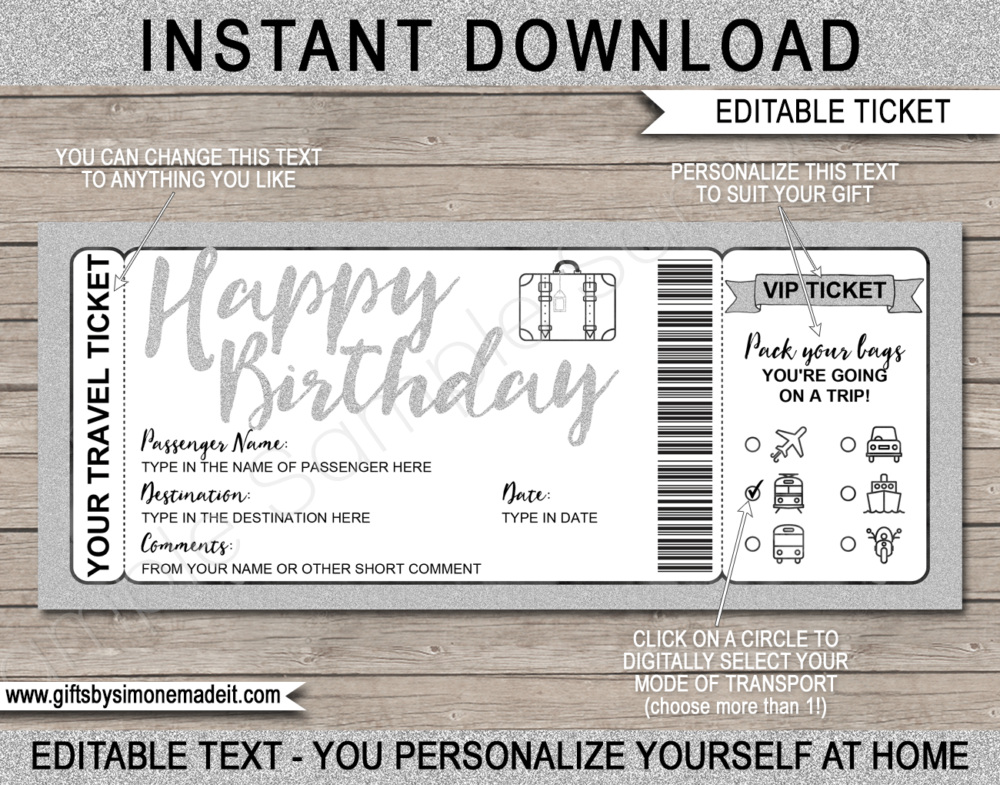 Birthday Surprise Holiday Travel Ticket Template | Printable Vacation Trip Reveal Gift Idea | Silver Glitter | DIY Printable Boarding Pass with Editable Text | Road Trip, Cruise, Train, Plane Flight, Motorbike, Bus | Instant Download via giftsbysimonemadeit.com