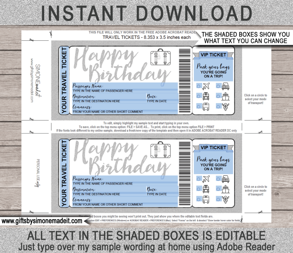 Printable Birthday Travel Ticket Gift Template | Surprise Holiday Reveal Gift Idea | Vacation Trip | Silver Glitter | DIY Printable Boarding Pass with Editable Text | Road Trip, Cruise, Train, Plane Flight, Motorbike, Bus | Instant Download via giftsbysimonemadeit.com