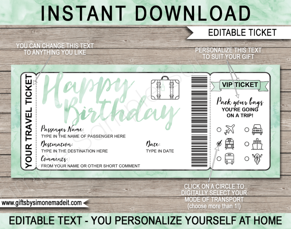 Birthday Surprise Vacation Travel Ticket Template | Printable Holiday Birthday Reveal Gift Idea | Mint Green Watercolor | DIY Printable Boarding Pass with Editable Text | Road Trip, Cruise, Train, Plane Flight, Motorbike, Bus | Instant Download via giftsbysimonemadeit.com