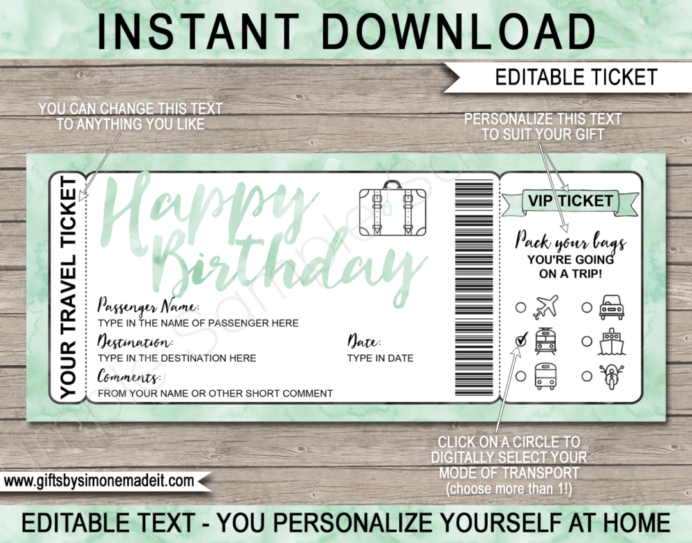 birthday surprise vacation travel ticket template reveal gift idea