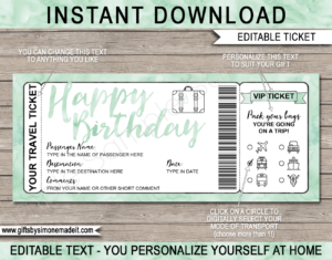 Birthday Surprise Vacation Travel Ticket Template | Printable Holiday Birthday Reveal Gift Idea | Mint Green Watercolor | DIY Printable Boarding Pass with Editable Text | Road Trip, Cruise, Train, Plane Flight, Motorbike, Bus | Instant Download via giftsbysimonemadeit.com