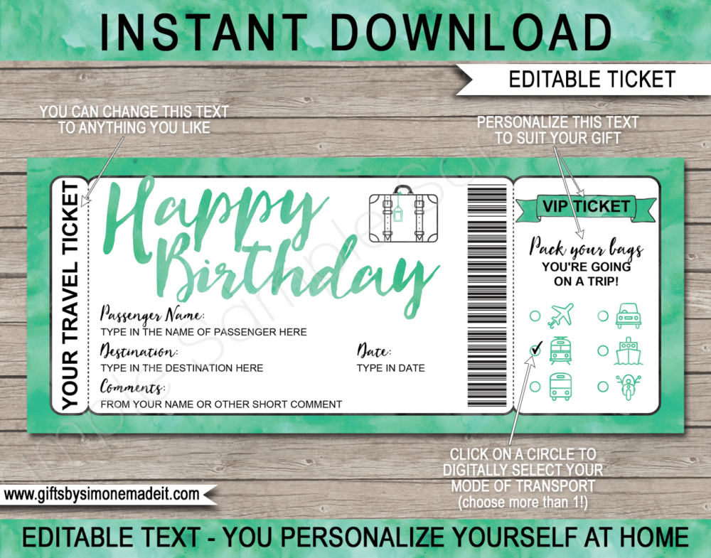 Birthday Surprise Vacation Travel Ticket Template | Printable Holiday Birthday Reveal Gift Idea | Green Watercolor | DIY Printable Boarding Pass with Editable Text | Road Trip, Cruise, Train, Plane Flight, Motorbike, Bus | Instant Download via giftsbysimonemadeit.com