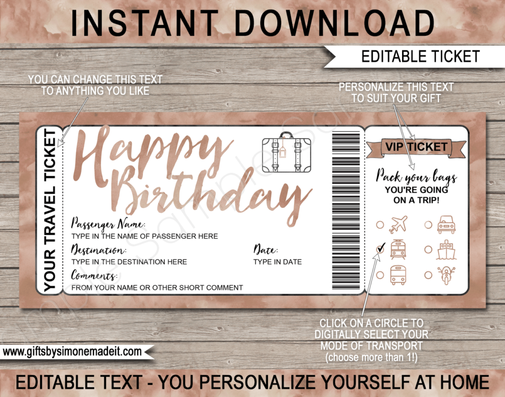Birthday Surprise Vacation Travel Ticket Template | Printable Holiday Birthday Reveal Gift Idea | Latte Watercolor | DIY Printable Boarding Pass with Editable Text | Road Trip, Cruise, Train, Plane Flight, Motorbike, Bus | Instant Download via giftsbysimonemadeit.com