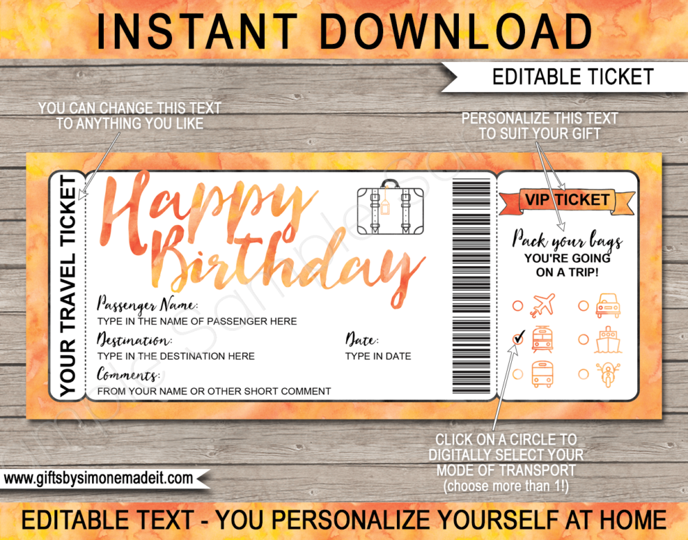 Birthday Surprise Vacation Travel Ticket Template | Printable Holiday Birthday Reveal Gift Idea | Orange Watercolor | DIY Printable Boarding Pass with Editable Text | Road Trip, Cruise, Train, Plane Flight, Motorbike, Bus | Instant Download via giftsbysimonemadeit.com