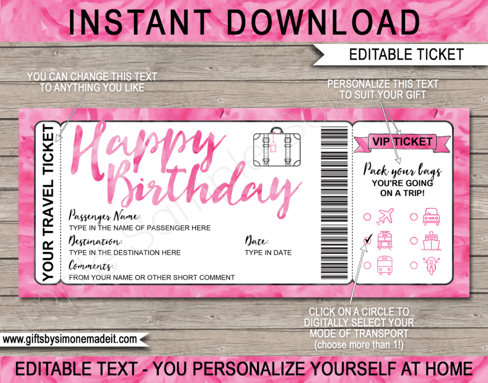 Birthday Surprise Vacation Travel Ticket Template | Printable Holiday Birthday Reveal Gift Idea | Pink Bright Watercolor | DIY Printable Boarding Pass with Editable Text | Road Trip, Cruise, Train, Plane Flight, Motorbike, Bus | Instant Download via giftsbysimonemadeit.com