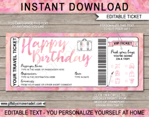 Birthday Surprise Vacation Travel Ticket Template | Printable Holiday Birthday Reveal Gift Idea | Pink Watercolor | DIY Printable Boarding Pass with Editable Text | Road Trip, Cruise, Train, Plane Flight, Motorbike, Bus | Instant Download via giftsbysimonemadeit.com
