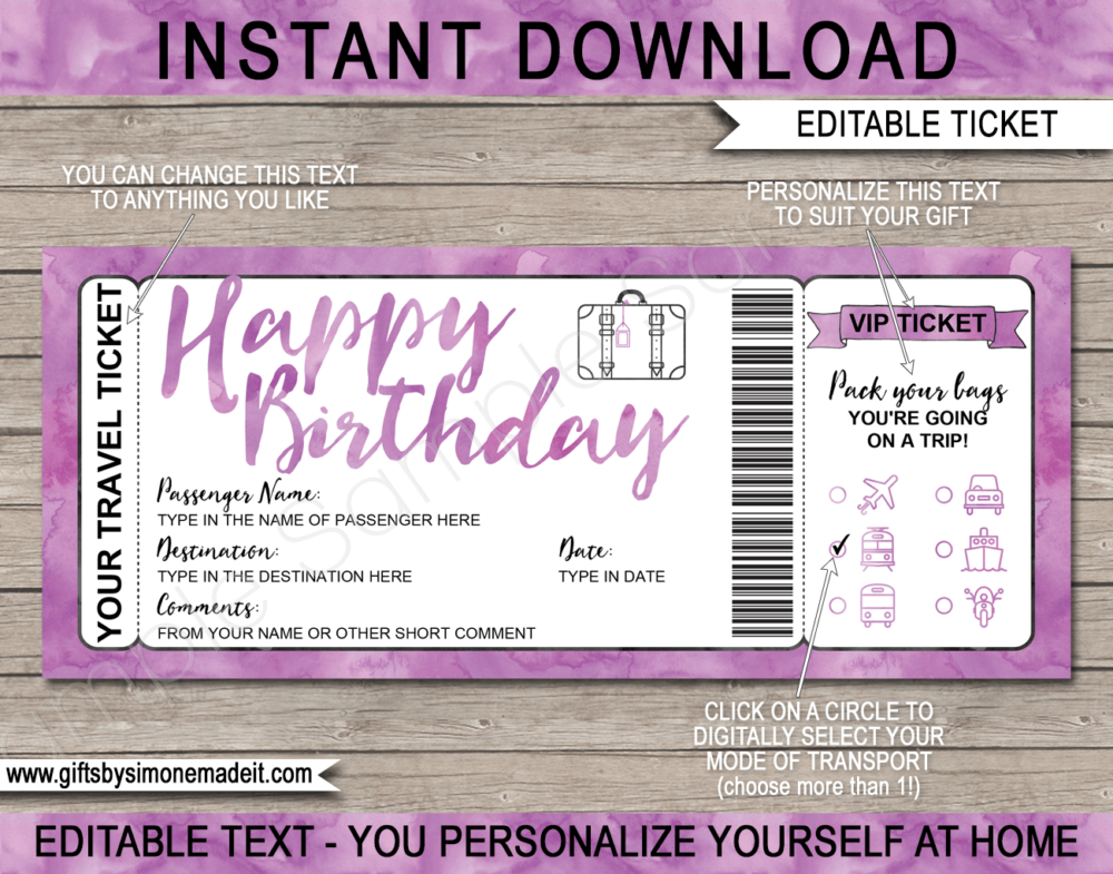 Birthday Surprise Vacation Travel Ticket Template | Printable Holiday Birthday Reveal Gift Idea | Purple Watercolor | DIY Printable Boarding Pass with Editable Text | Road Trip, Cruise, Train, Plane Flight, Motorbike, Bus | Instant Download via giftsbysimonemadeit.com