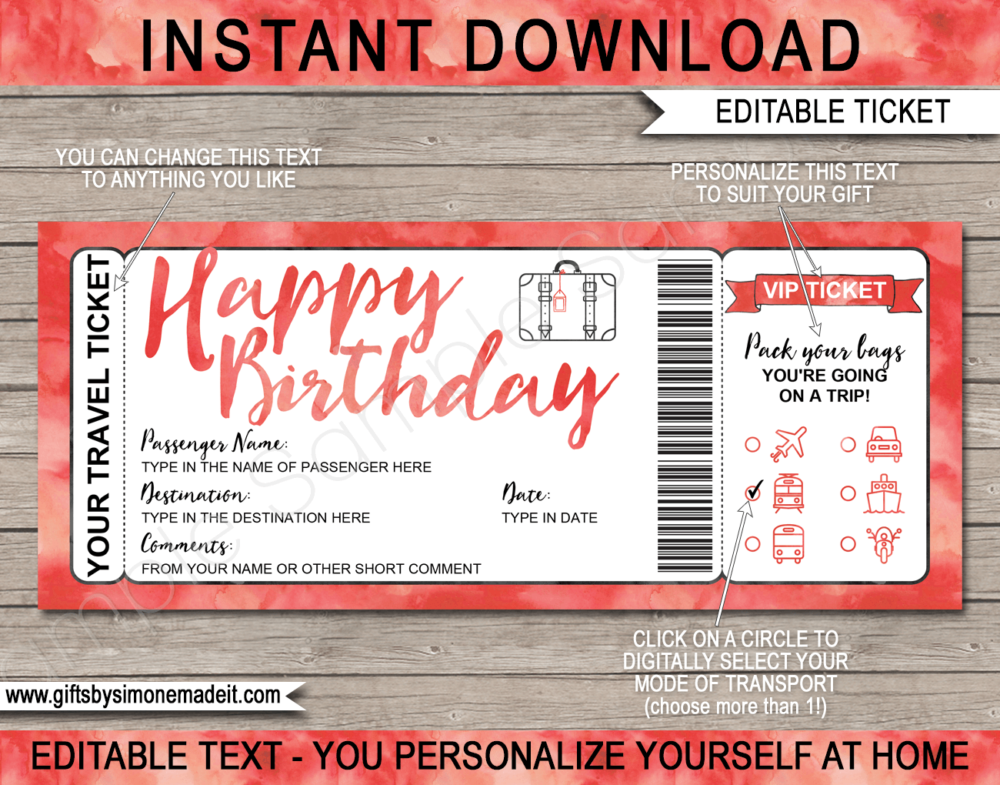 Birthday Surprise Vacation Travel Ticket Template | Printable Holiday Birthday Reveal Gift Idea | Red Watercolor | DIY Printable Boarding Pass with Editable Text | Road Trip, Cruise, Train, Plane Flight, Motorbike, Bus | Instant Download via giftsbysimonemadeit.com